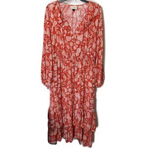 Universal Thread Womens Floral Long Sleeve Pockets Maxi Dress Large Orange NEW
